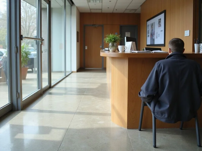 Office lobby with a polished concrete floor and natural light from a glazed frontage