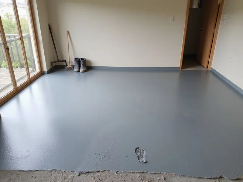 Overlay curing across a room, showing a flat uniform surface before polishing