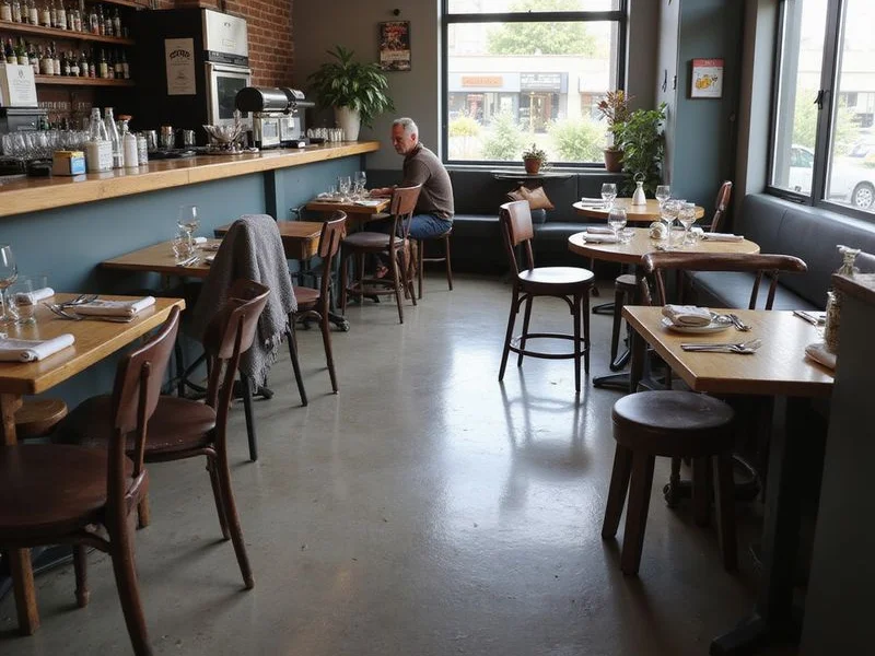 Restaurant dining area with a polished concrete floor set for service