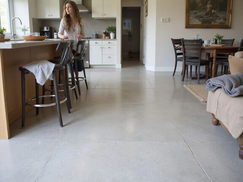 Salt-and-pepper polished concrete running through an open-plan kitchen and living space