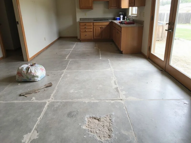 Slab uncovered after tile removal in an Austin remodel showing thinset ghosting