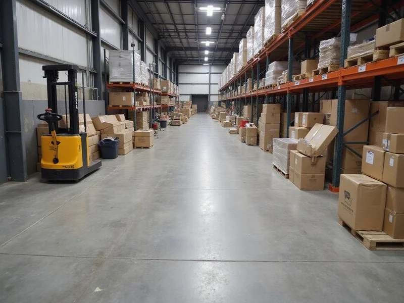 Warehouse polished concrete floor with racking lines and filled control joints