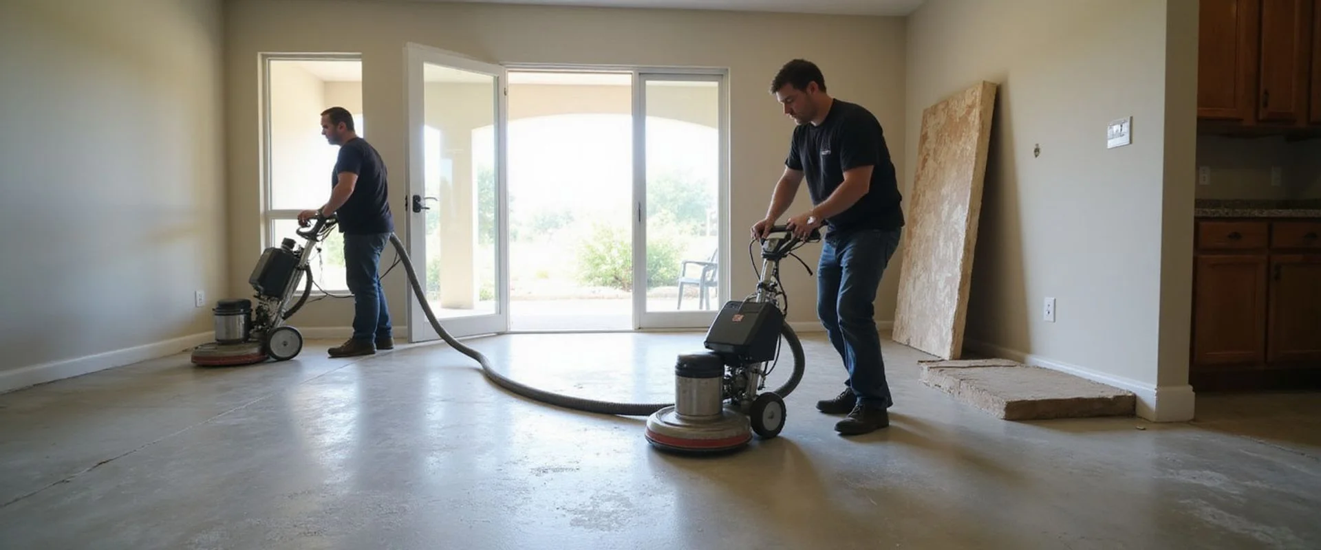 Crew polishing a concrete floor inside a Central Texas home