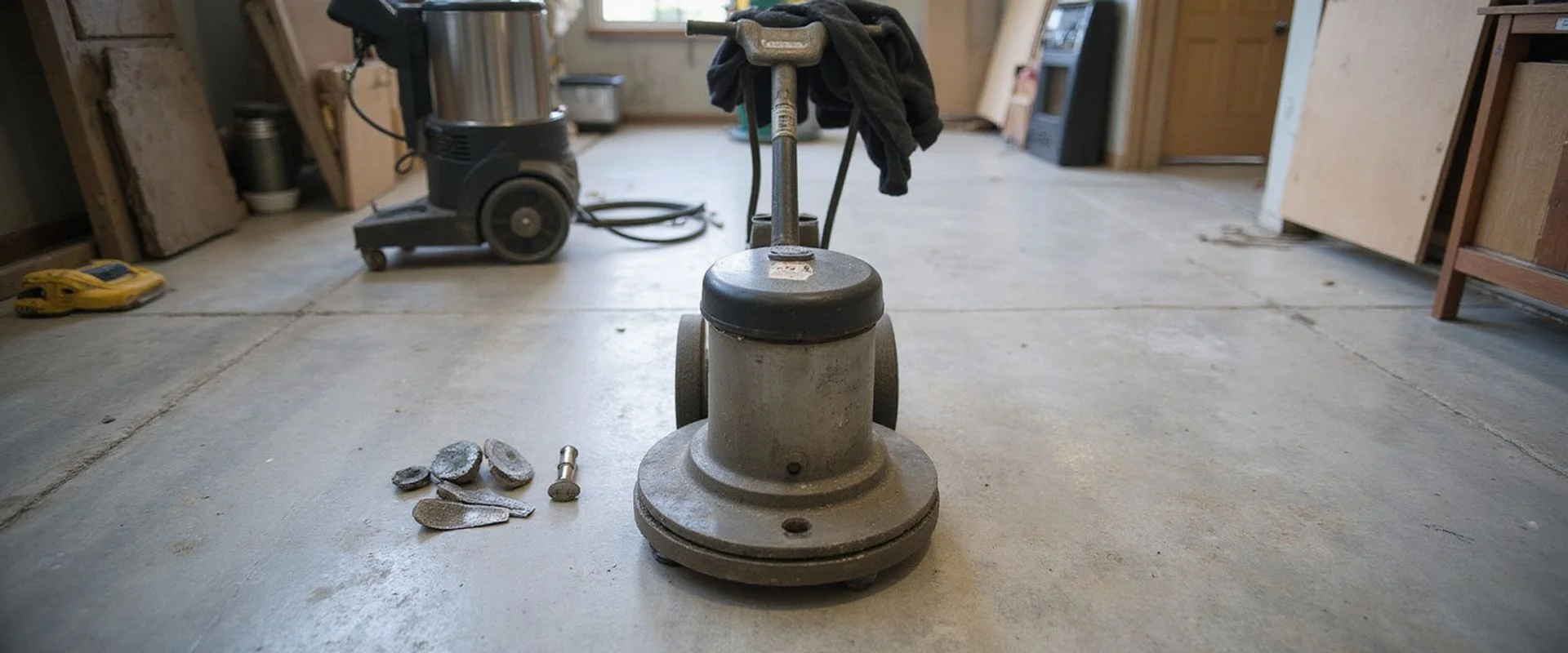 Diamond tooling and a planetary grinder on a partly polished Austin slab
