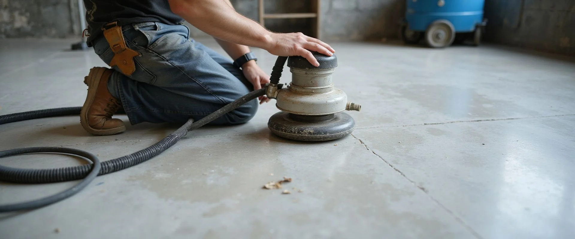 Installer working with a planetary floor grinder on a half-polished Austin concrete slab