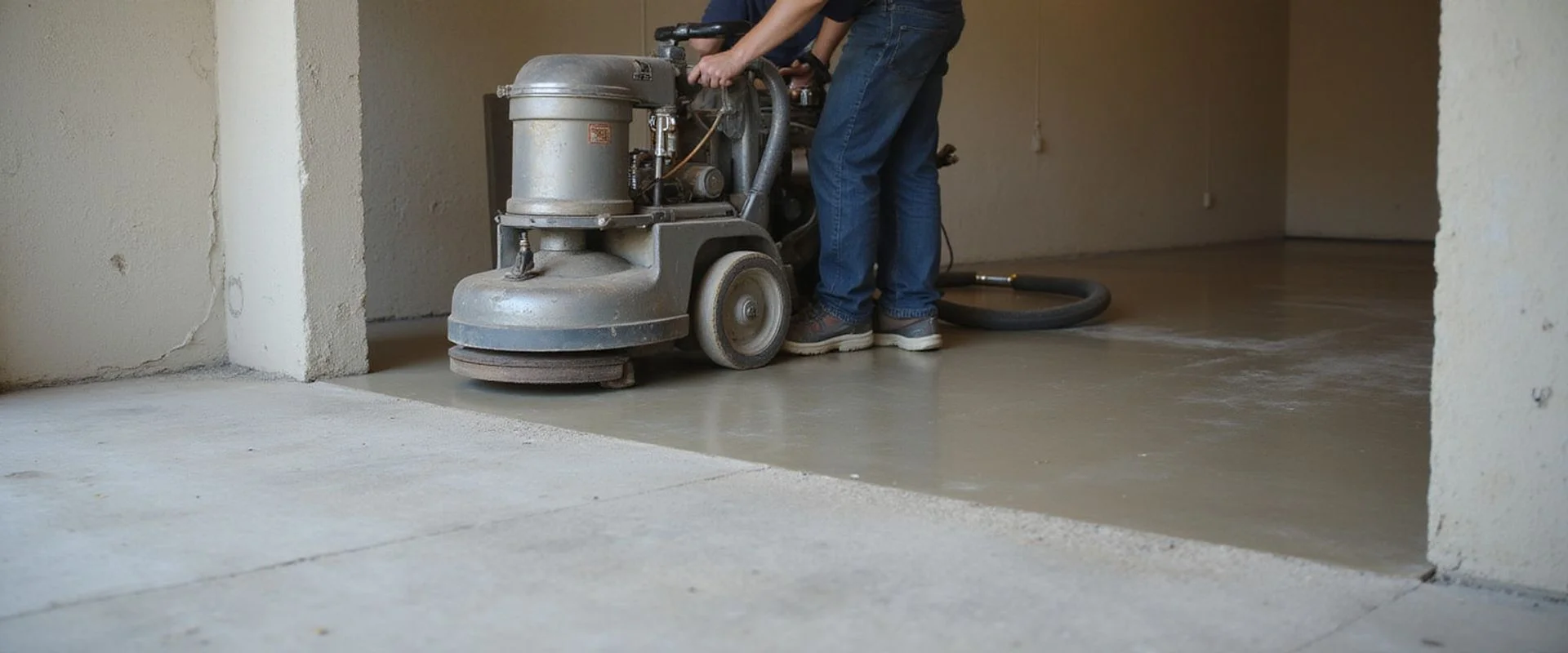 Planetary floor grinder mid-pass on a half-polished Austin concrete slab