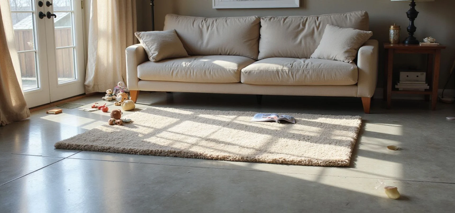 Austin family living room with a satin polished concrete floor in afternoon light
