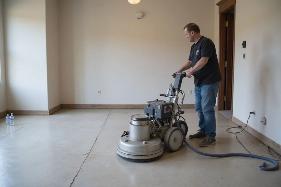 Floor grinder and dust extraction unit set up in an empty Central Texas room