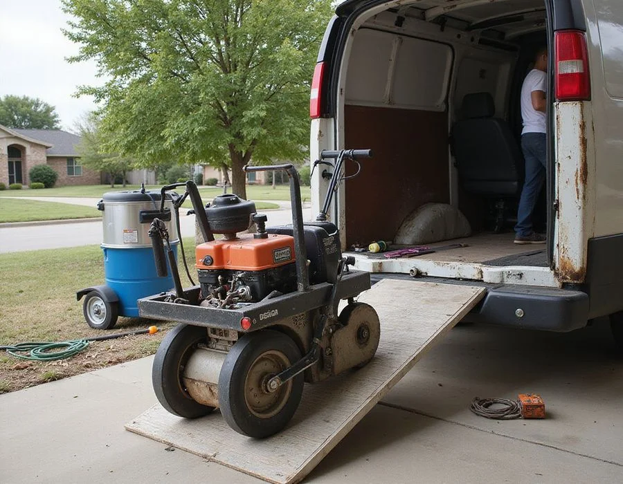 Floor grinding equipment being unloaded outside a Central Texas home