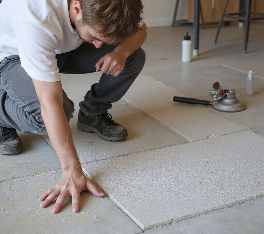 Installer checking aggregate exposure on a partially polished Austin concrete slab