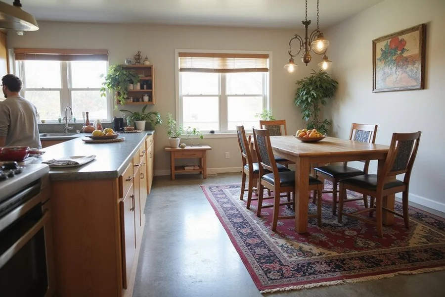 Kitchen and dining area with a polished concrete floor in a lived-in Austin home