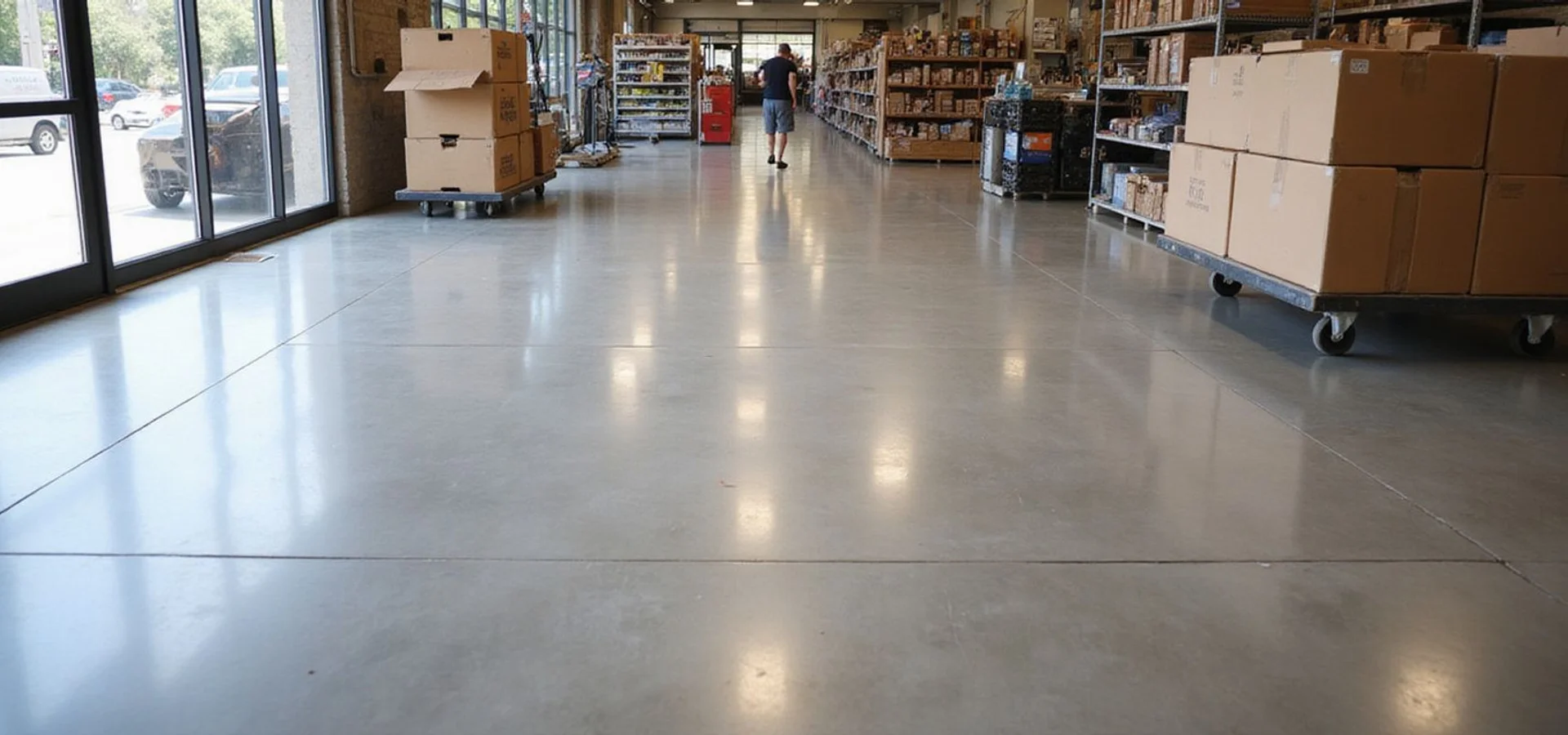 Large polished concrete floor in an Austin retail space with shopfront daylight