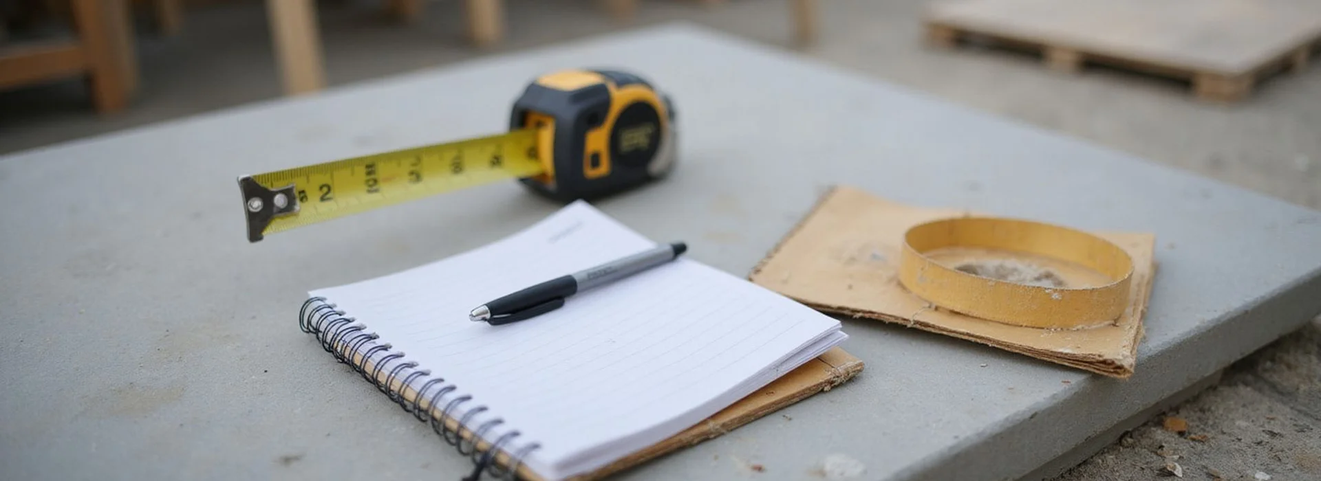 Notebook and tape measure on a partially polished concrete slab