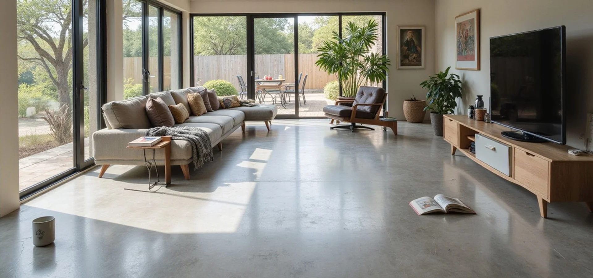 Open-plan Austin living room with a satin salt-and-pepper polished concrete floor in natural daylight
