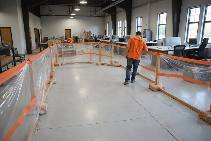 Phased work zone with barriers separating a floor being polished from an operating area