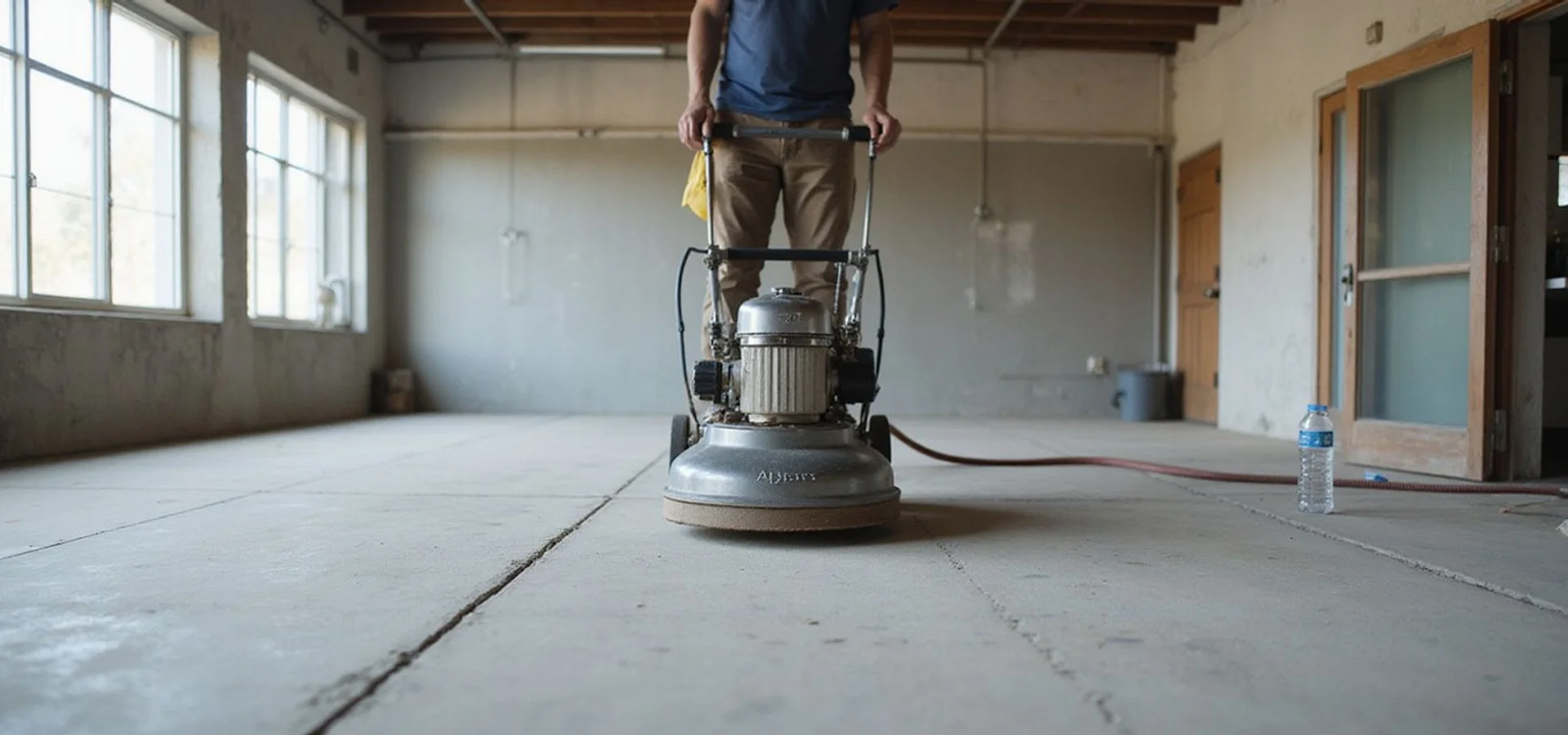 Planetary floor grinder working across a bare concrete slab in an Austin interior
