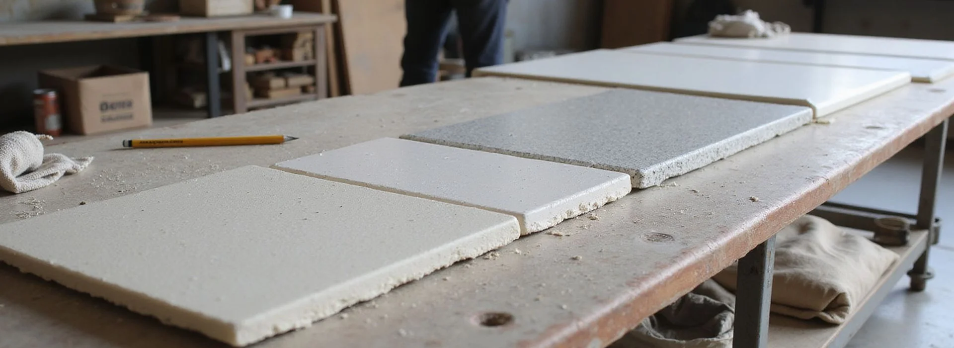 Row of polished concrete finish samples laid out on a workbench