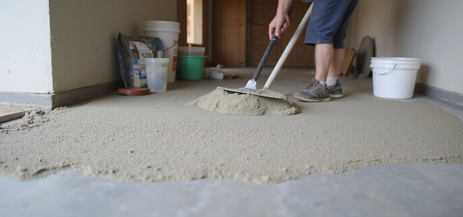 Self-levelling overlay being spread across a prepared concrete slab in an Austin room