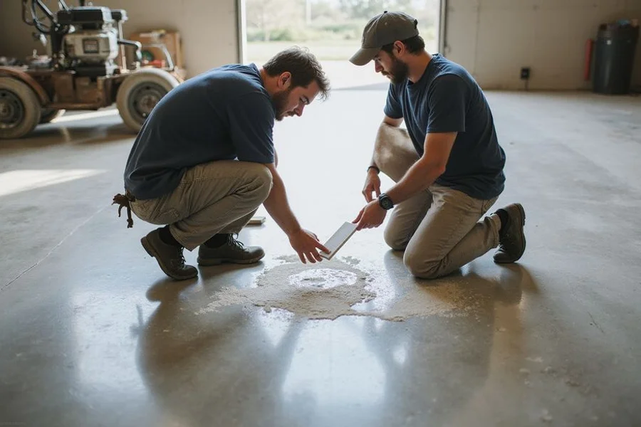 Two installers reviewing a finish sample against a partially polished concrete floor
