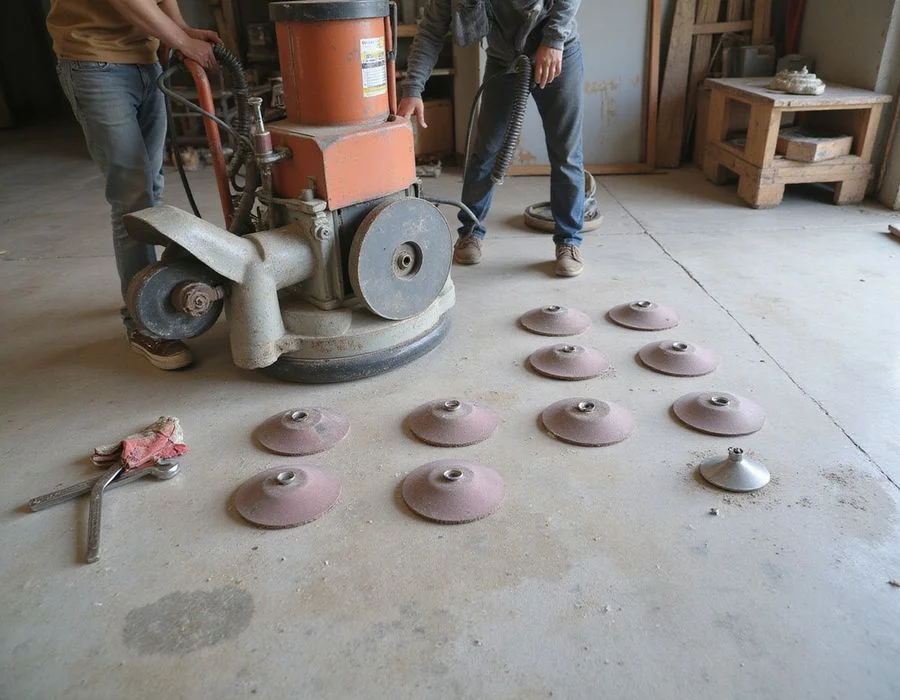 Diamond abrasive segments laid out beside a floor grinder and dust extractor